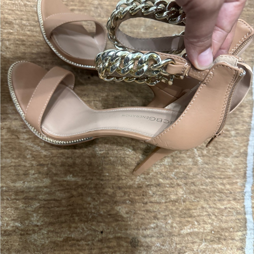BCBGeneration Nude Tan High Heel Sandals with Gold Chain Ankle Strap
